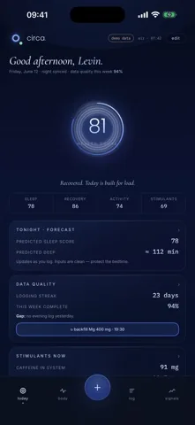 Circa Today tab: a health score of 81, sub-scores for sleep, recovery, activity and
 stimulants, and tonight's forecast with a predicted sleep score and predicted deep minutes.